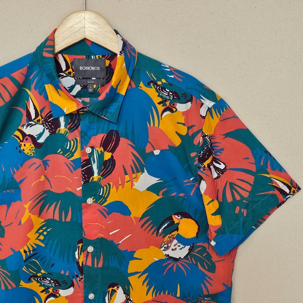 Bonobos Short Sleeve Floral and Bird Print Slim Fit Button Down L